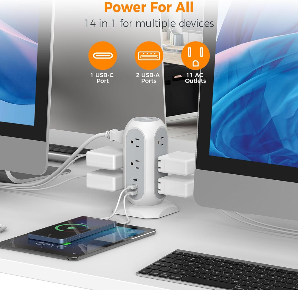 Tower Power Strip Flat Plug with 11 Outlets 3 USB (1 USB C), Surge Protector...