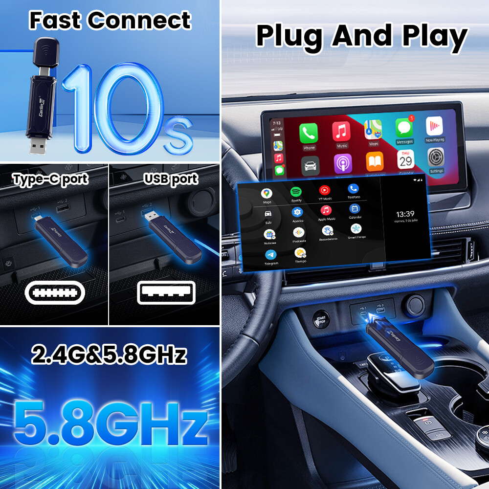 CarlinKit MINI 5.0 Pro 2-in-1 Wireless CarPlay Android Auto Ai Adapter Plug&Play