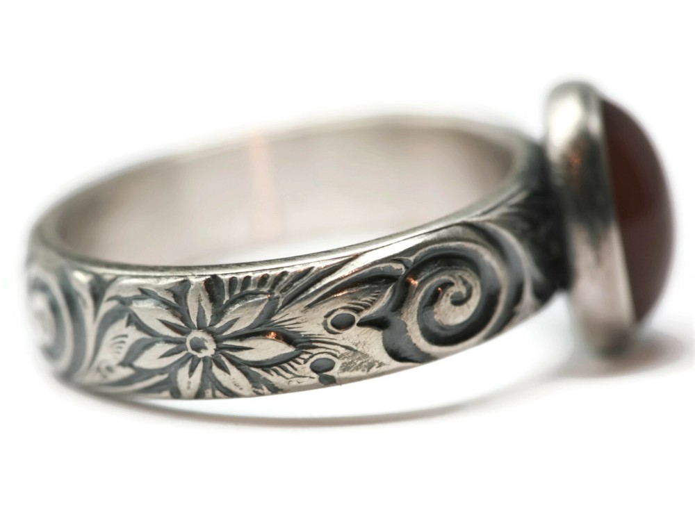 Oval Carnelian Ring Flower Pattern 925 Sterling Silver N-S