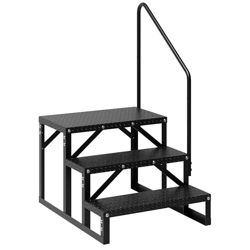 RV Steps with Handrail 3 Step, Anti-Slip Panel, 660lb Capacity 3 Steps+Handrail