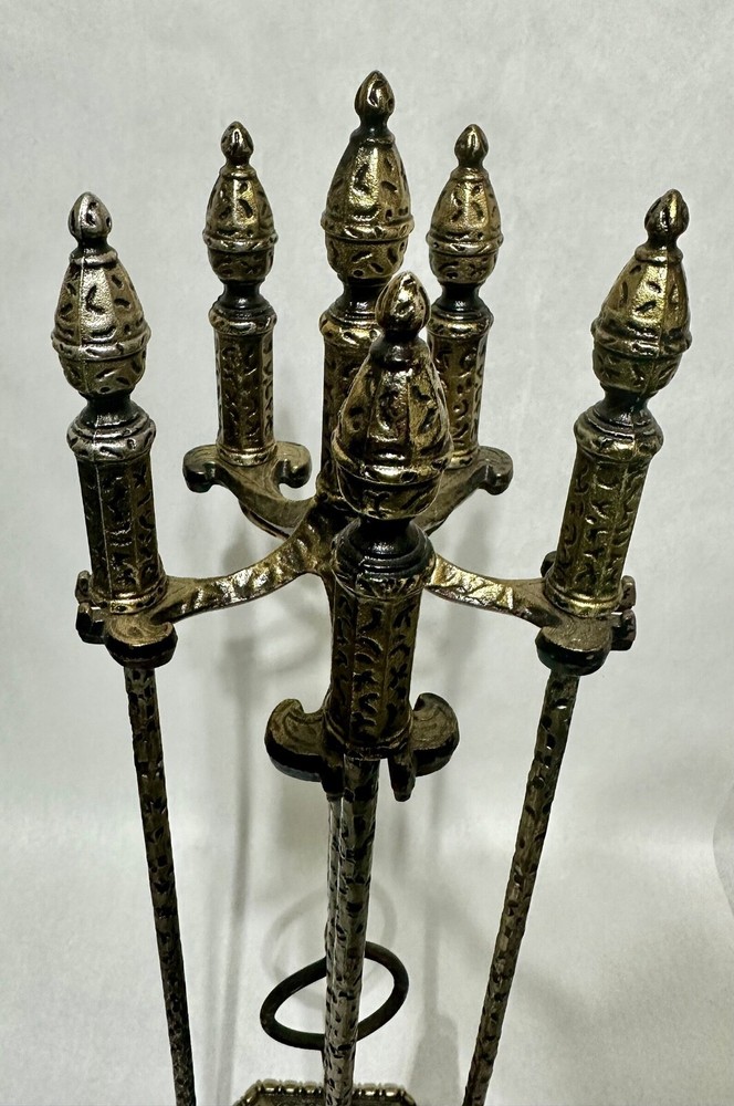 Vintage Brass Fireplace Tool Set 4 Piece & Stand