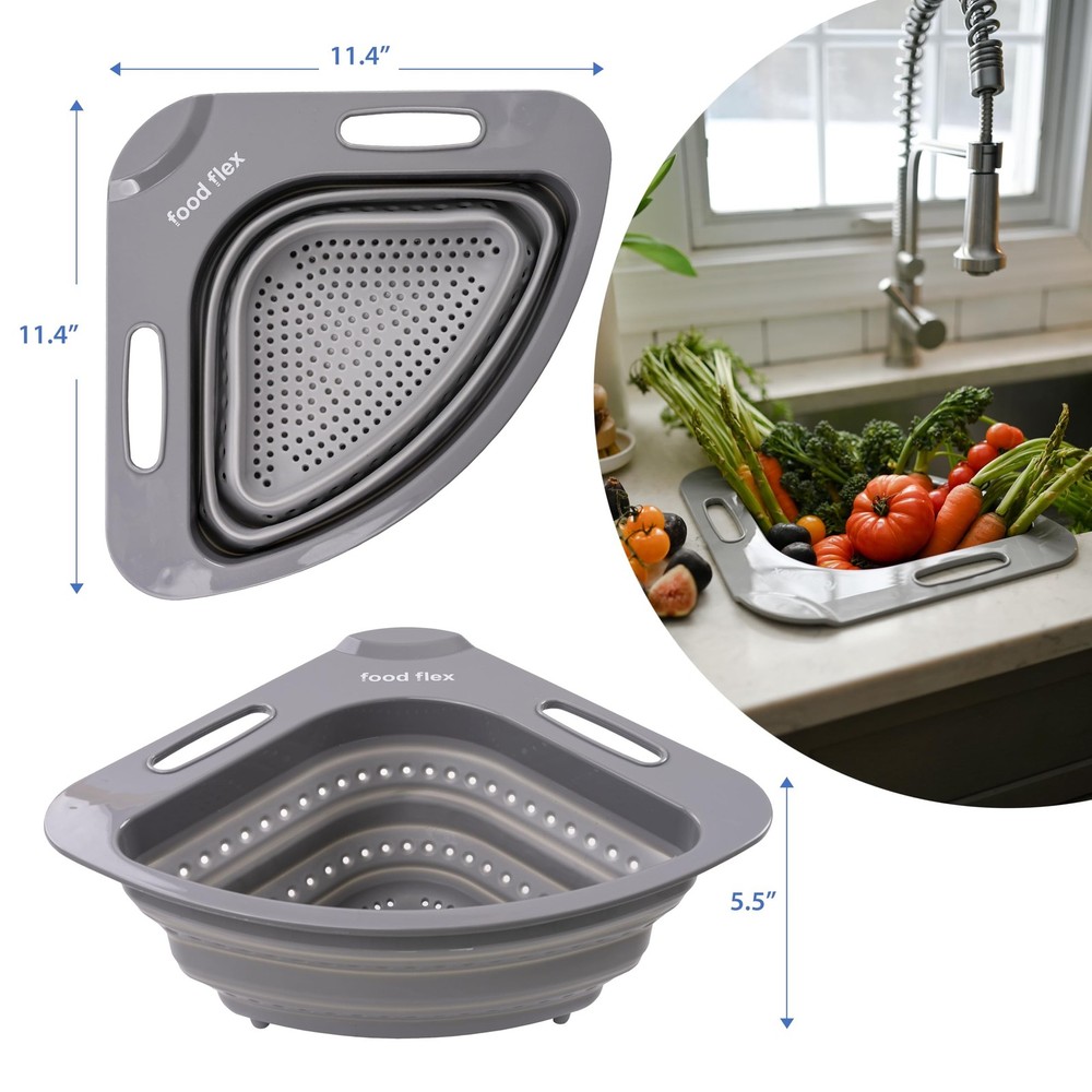 Collapsible Corner Colander – Space-Saving Over Sink Strainer, 3.5 Qt, Gre
