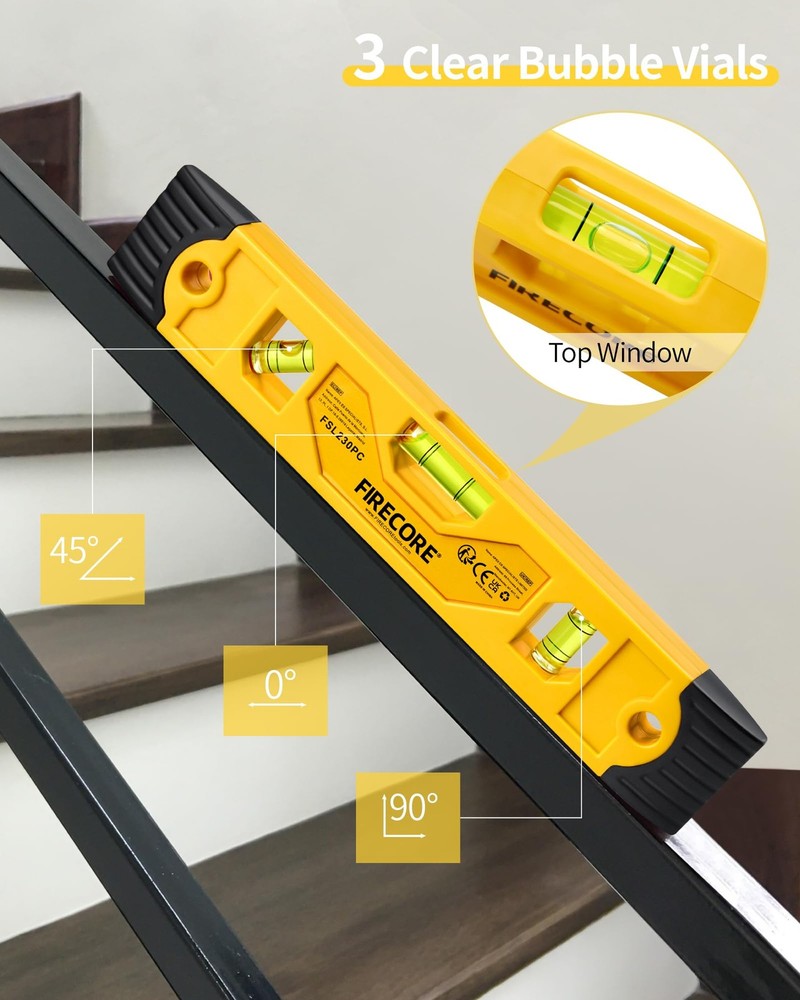 Torpedo Level Magnetic Firecore 9 Inch Shockproof Small Leveler Tool with 3