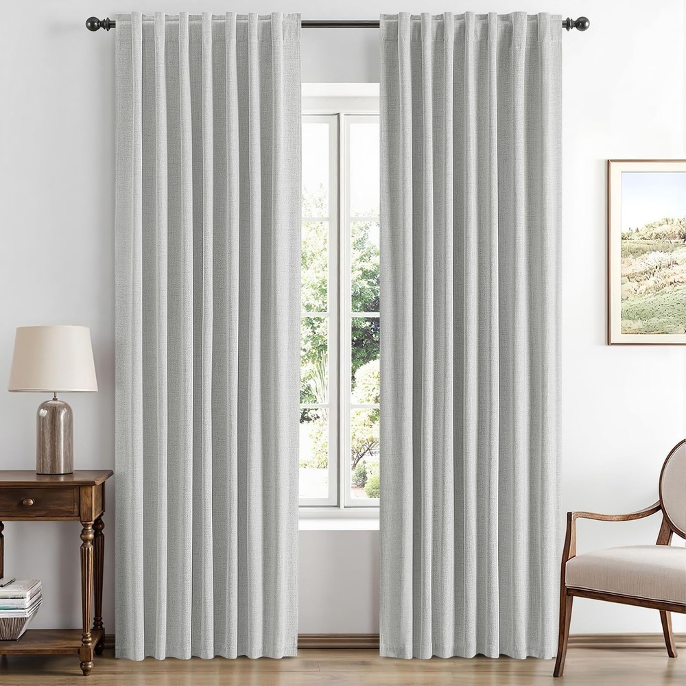 100% Blackout Linen Curtains Greyish White Solid Decor Thermal Insulation