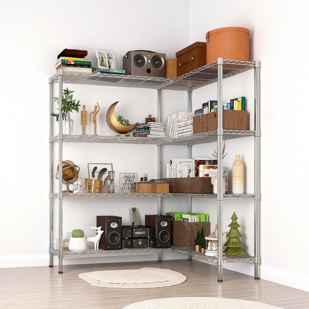 4-Tier Wire Shelving Unit 2-Column - Heavy Duty, Adjustable, Modular & Silver