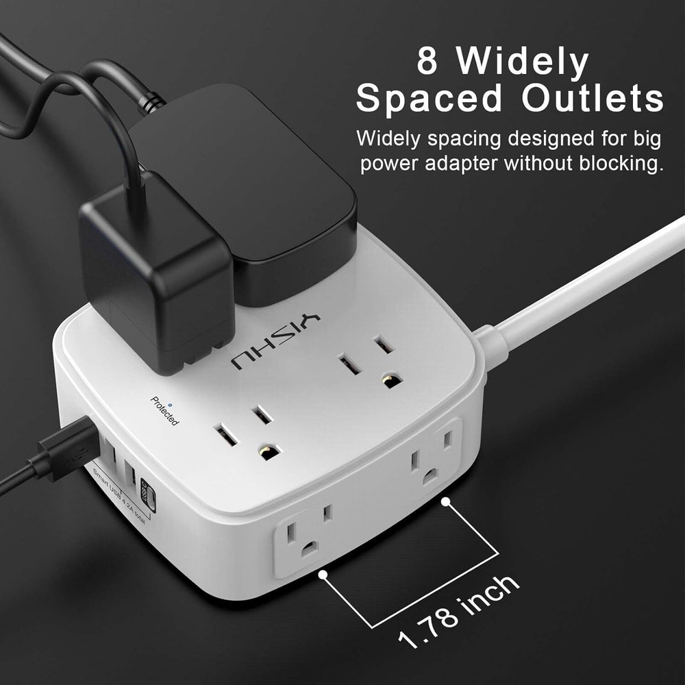 6FT Power Strip Surge Protector, 8 Outlets 4 USB, Flat Plug, Wall Mount, White