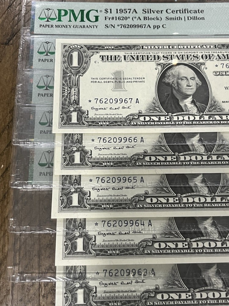 1957 A $1 Silver Certificates PMG 67 EPQ Sequential 5 Graded Notes