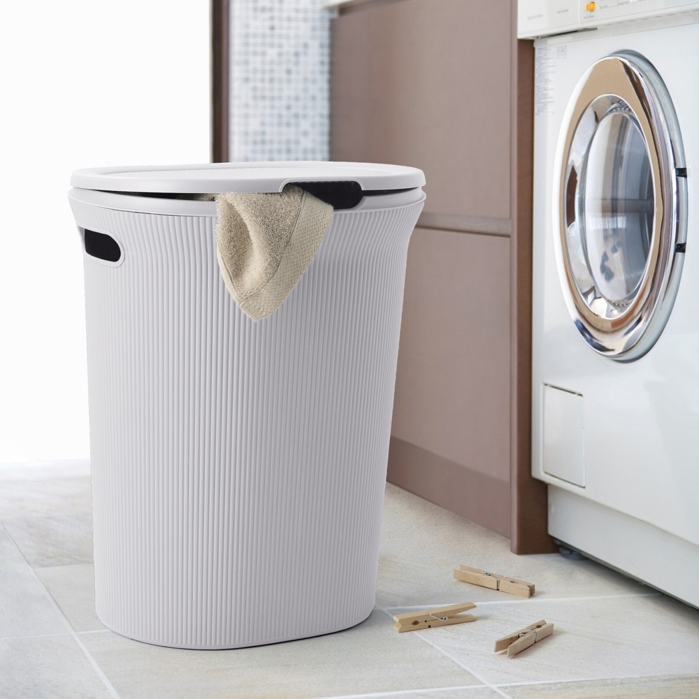Superio Ribbed Plastic Laundry Hamper with Lid, Elegant-Smoke White