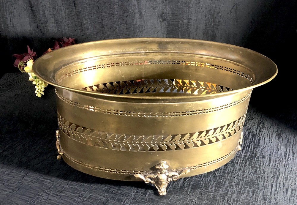 Solid Brass Planter Antiqued Brass Cherub Footed Container Pierced Sides *
