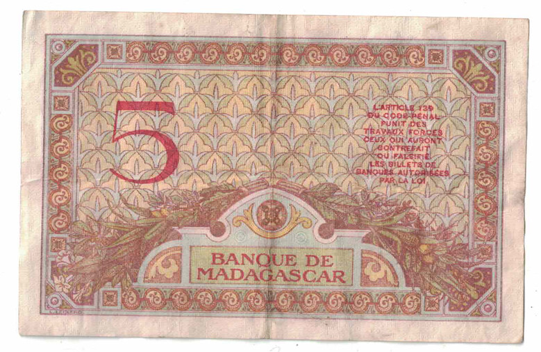 Madagascar - ND (ca. 1937) 5 Francs Banknote (P-35)