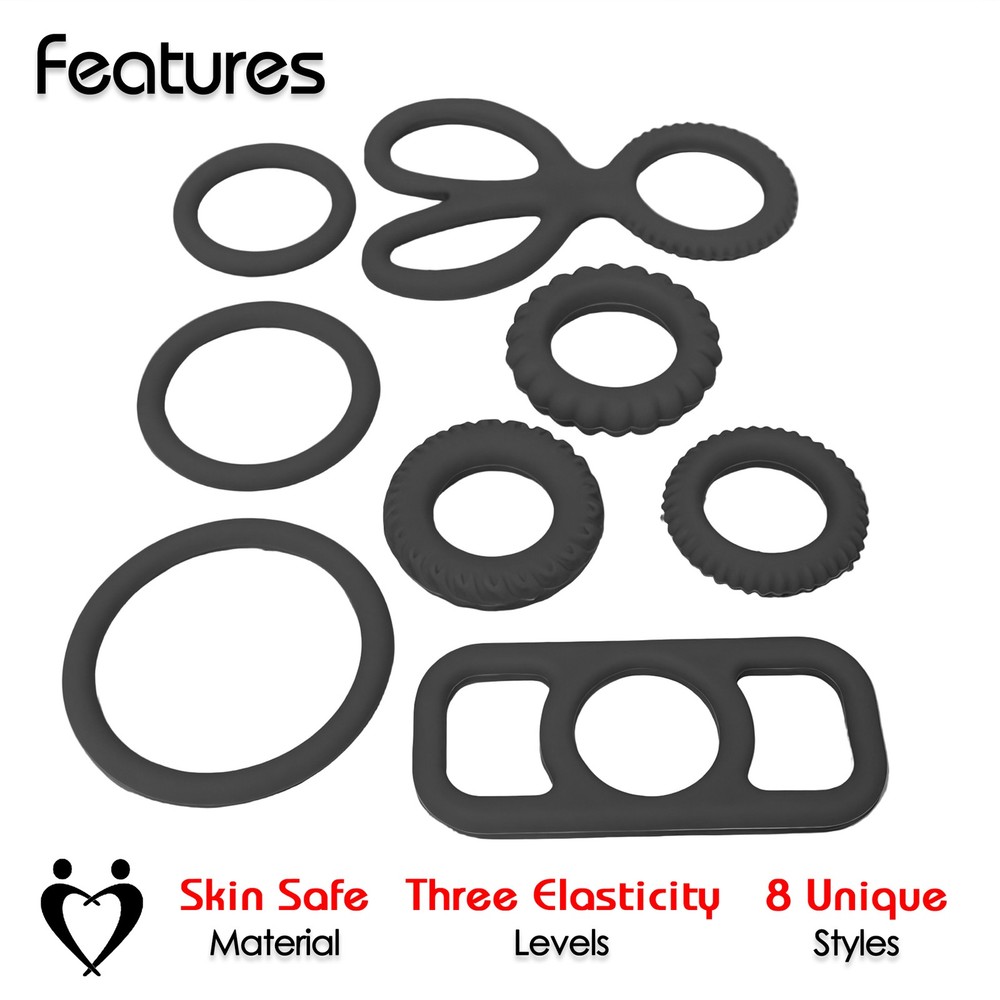 LeLuv® 8 Baller Stretch Silicone Performance Ring System - 8 Shapes