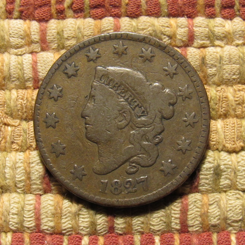 1827 CORONET LARGE CENT, VG/F ~ ATTRACTIVE EXAMPLE WITHOUT ANY ISSUES