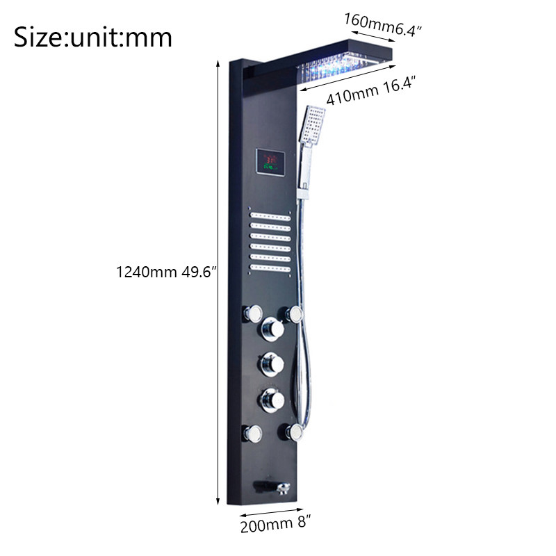 Bathroom Shower Column Panel LED Rainfall Mixer Massage Jets Tub Set Wall Mount