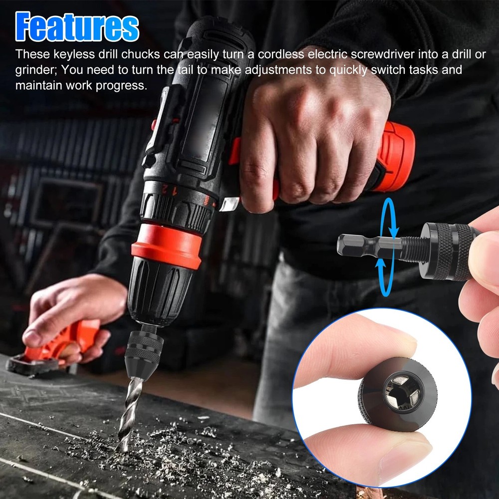 4Pcs 1/4"Hex Shank Keyless Drill Chuck Adapter Bit Quick Change Converter Driver