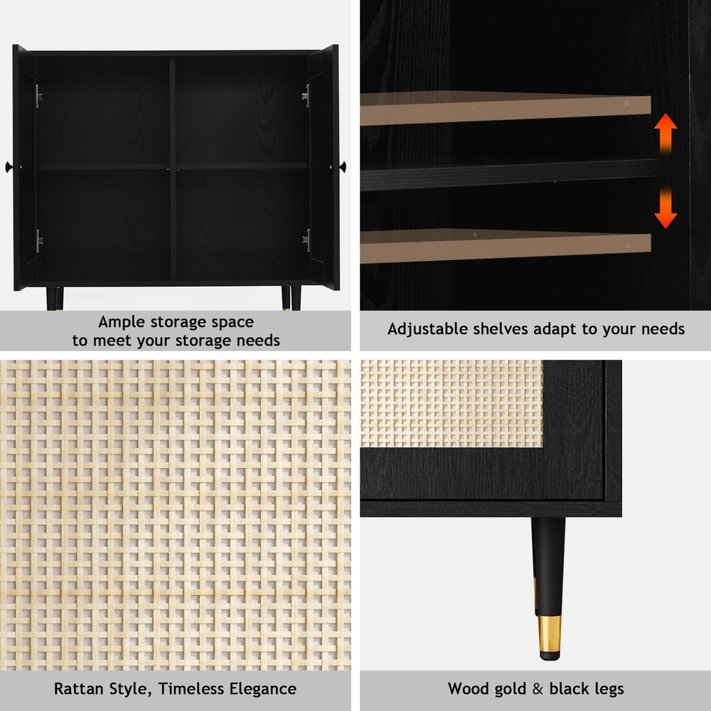 4ever2buy Rattan Buffet Cabinet Black Sideboard Console Table w/Storage