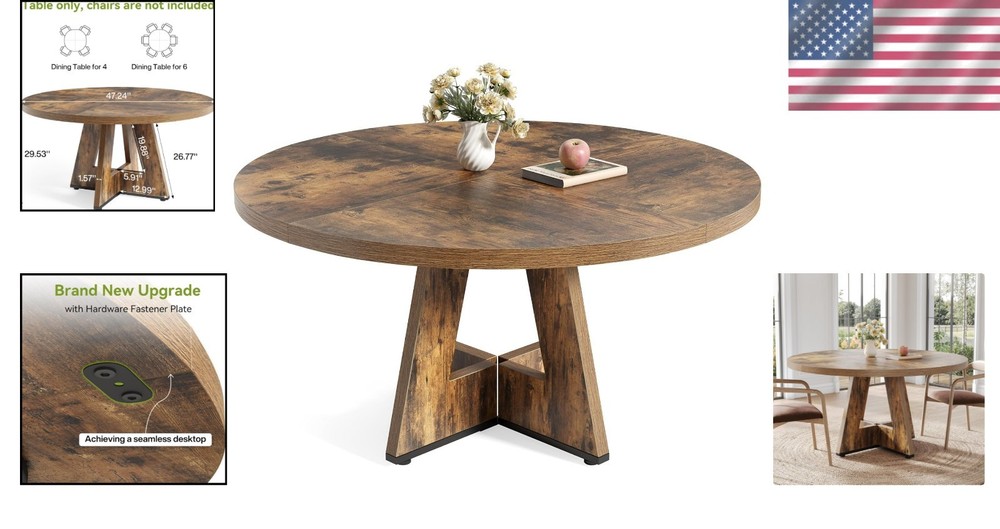 Rustic Brown Round Dining Table for 4-6 - Perfect for Dining Rooms & Kitchens
