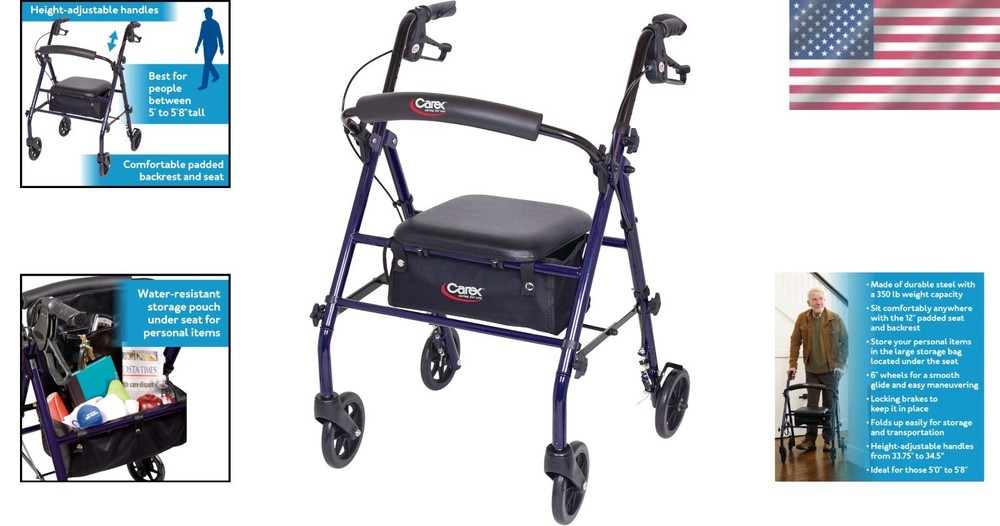 Adjustable Folding Rollator Walker for Seniors with 350lb Capacity - Dark Blue