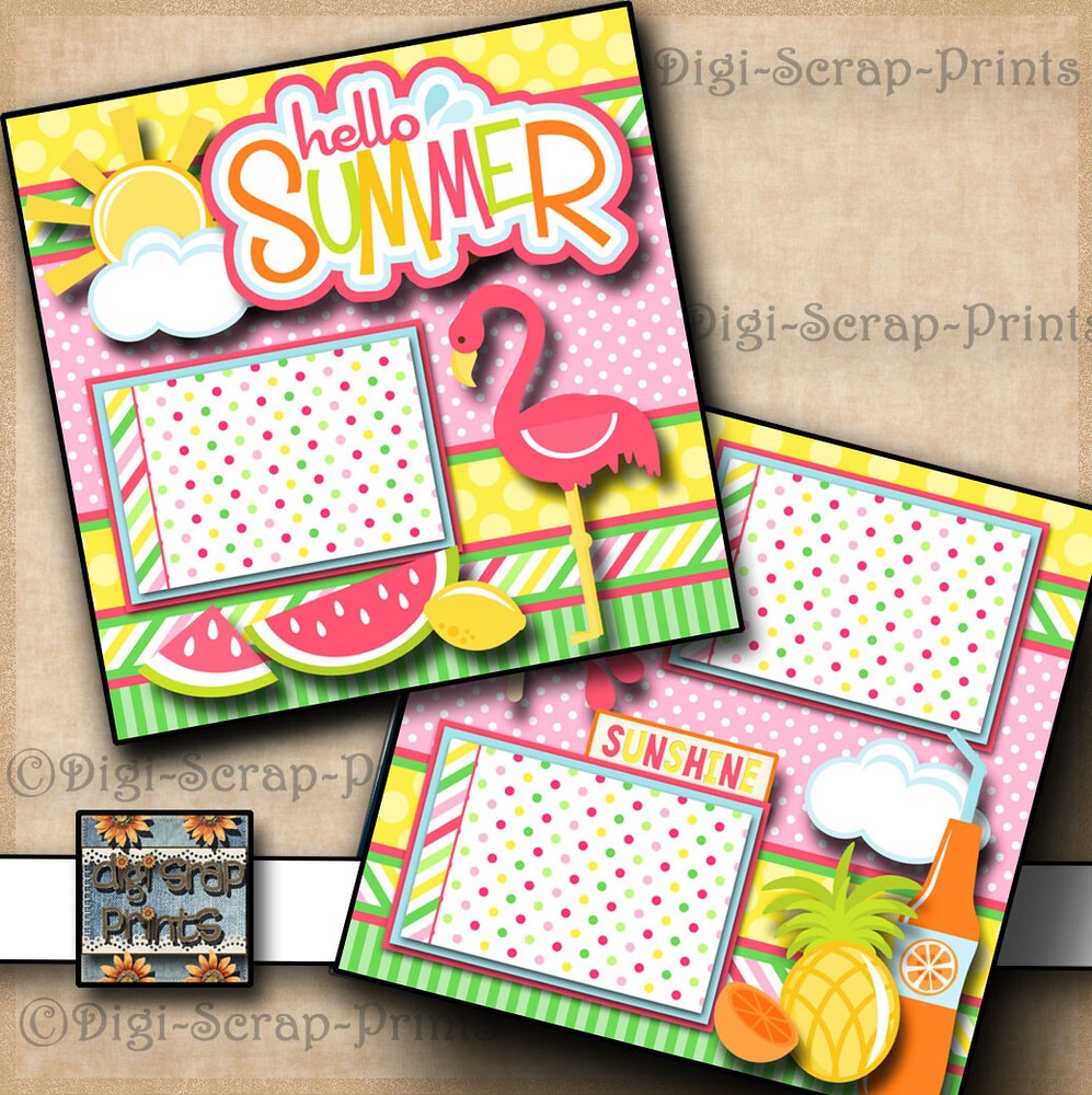 HELLO SUMMER 2 premade scrapbook pages paper piecing layout printed BY DIGISCRAP