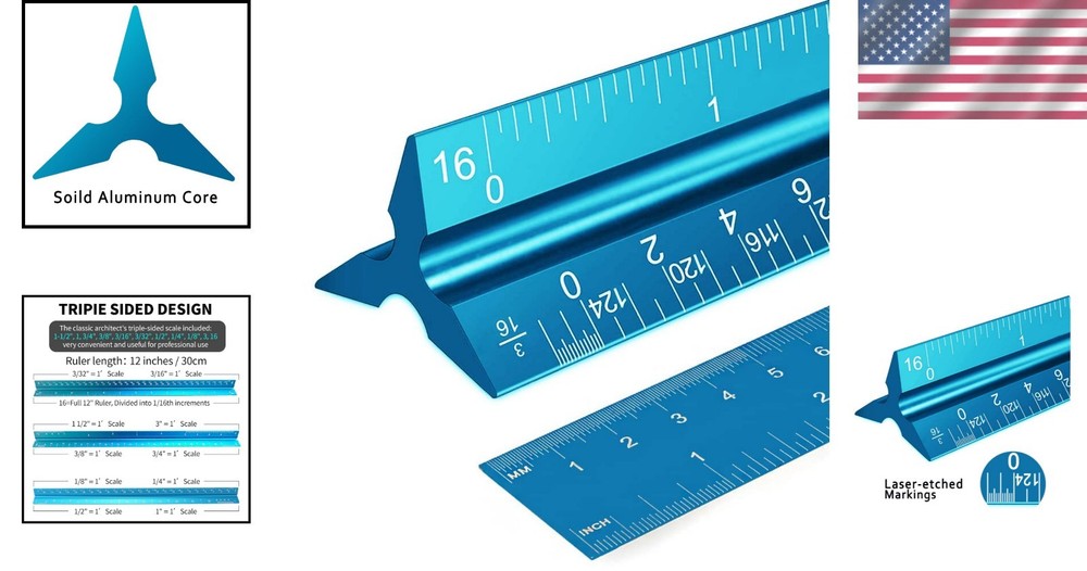 Set of 2 - 12" Imperial Aluminum Triangular Scale Ruler for Accurate Drafting