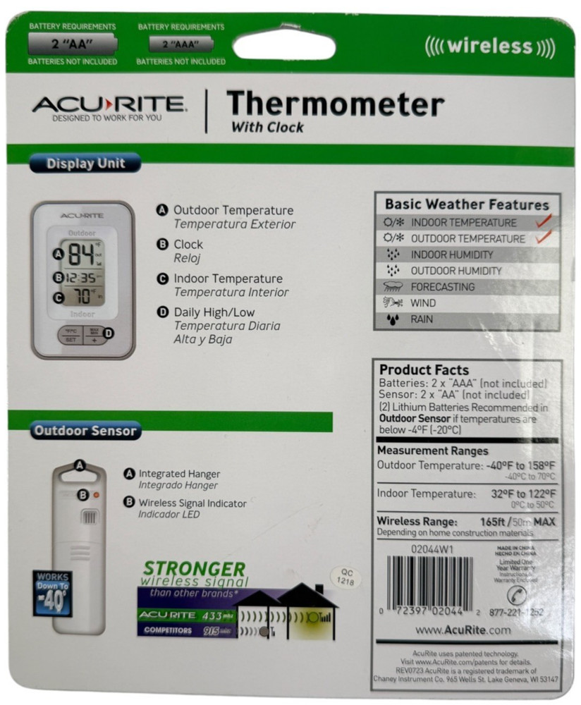 AcuRite Wireless Indoor Outdoor Digital Temperature Thermometer Clock & Memory