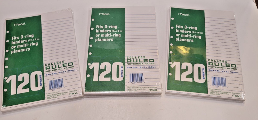 3 Meade College Ruled Paper 8.5x5.5 for 3 Ring Notebook or Multi Ring Organizer