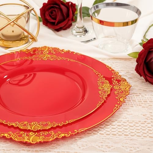 350PCS Plastic Plates - Gold Plastic Dinnerware Sets for 50 Guests - 100 Red