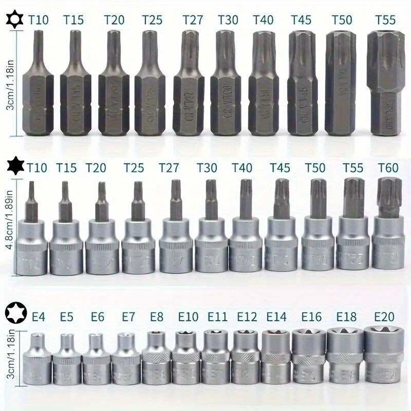 34-Piece E-Socket Set Handheld Tool with Ratchet Interface