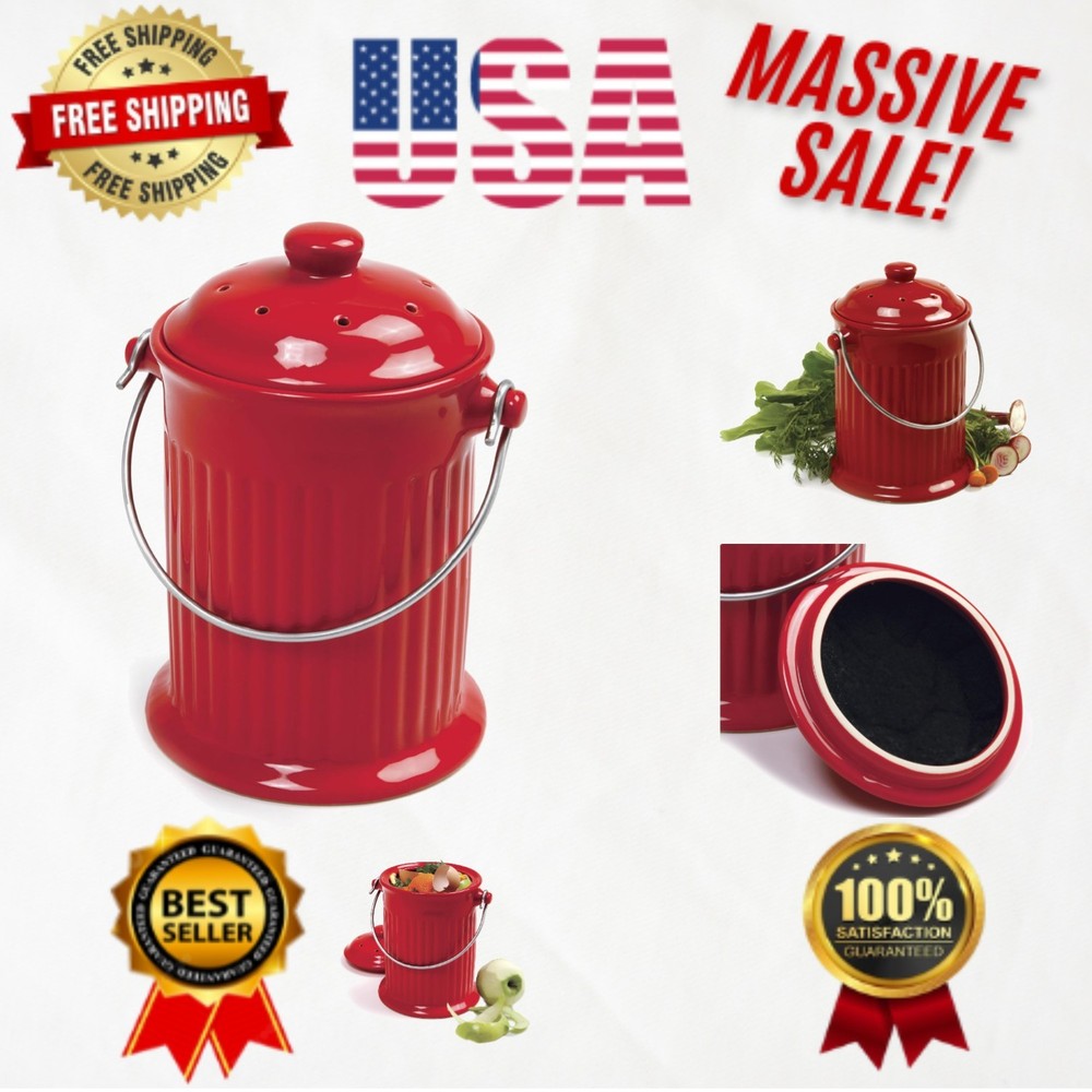 Functional 1 Gallon Red Ceramic Compost Keeper with Odor Filter - Eco Chic