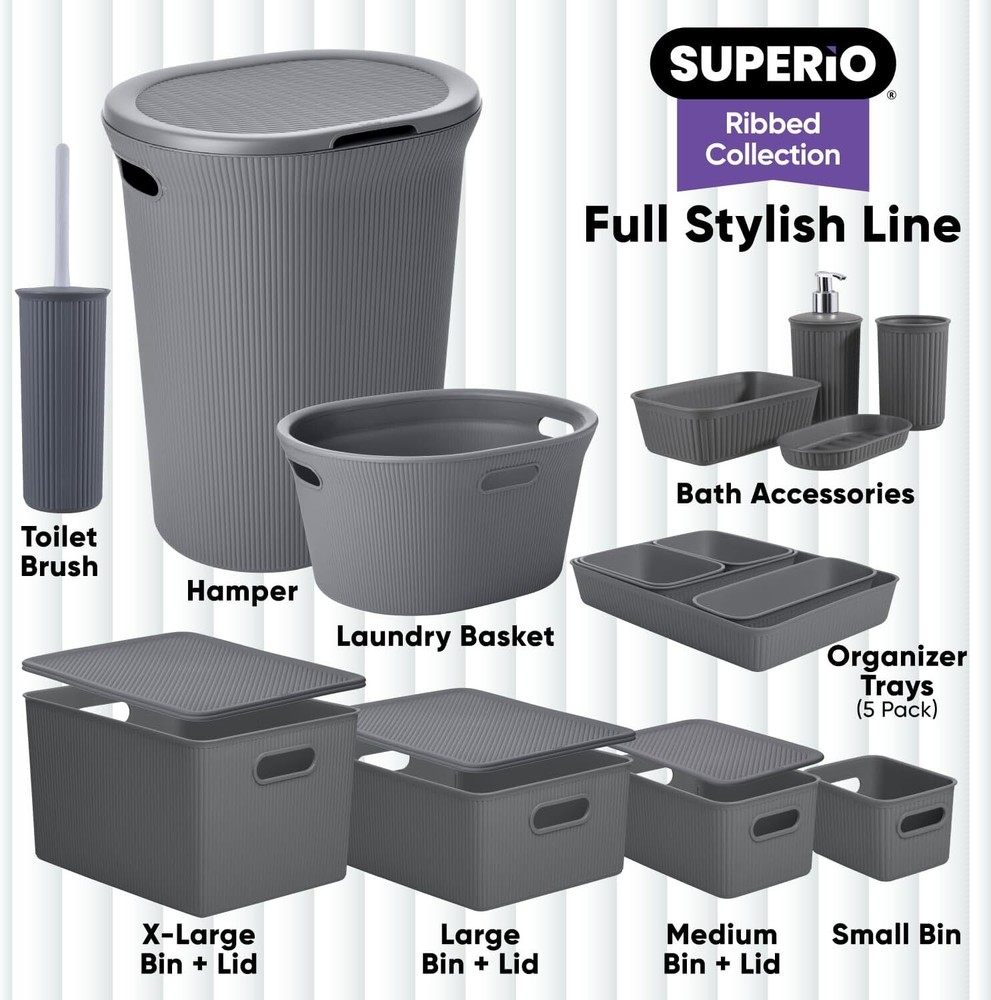 Superio 22L Large Ribbed Storage Bin- Plastic Storage Bin (2 Pack, Grey)