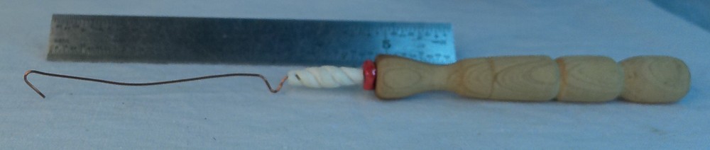 Hand turned wooden orifice hook for spinning wheel cedar handle bendable wire