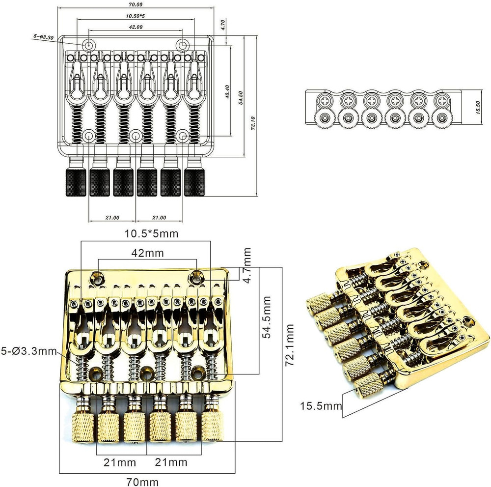 Gold 6 String Headless Guitar Fixed Bridge System Set