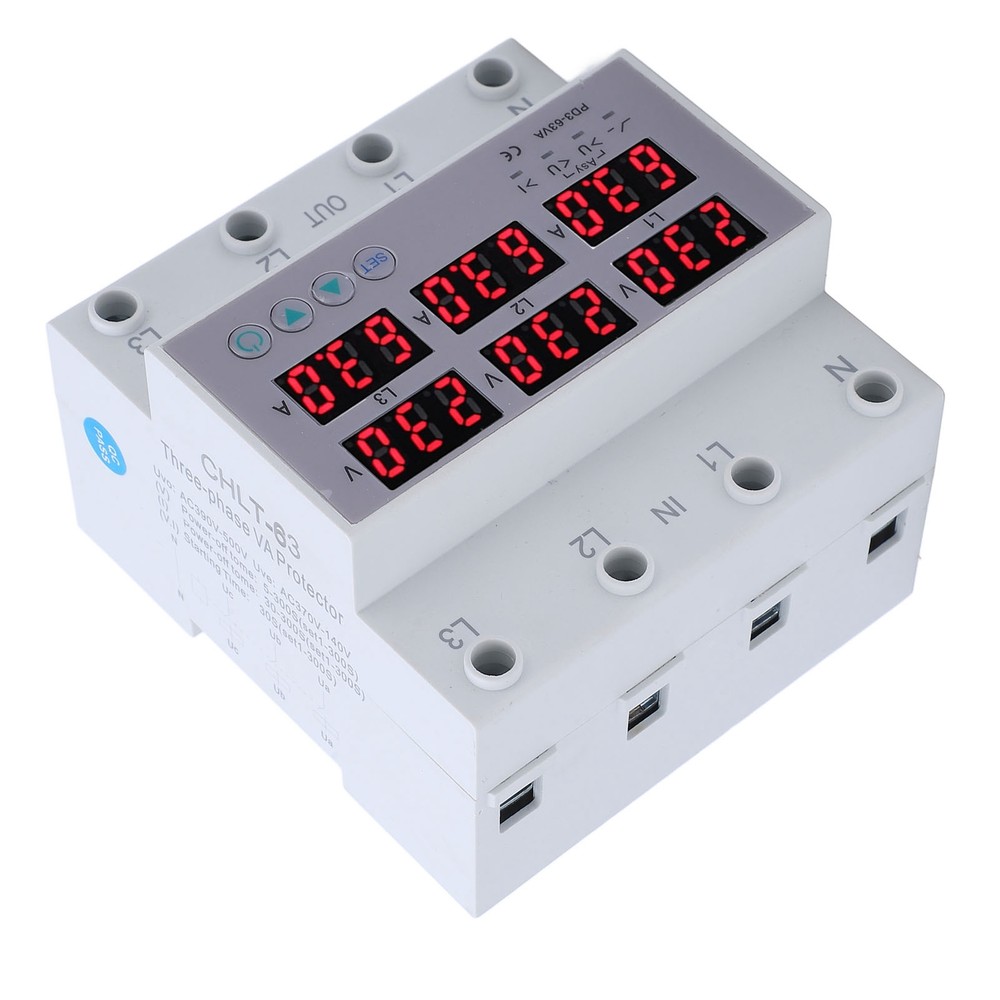 3 Phase DIN Rail Voltmeter Ammeter Auto Overvoltage Overcurrent Protector AC 63A