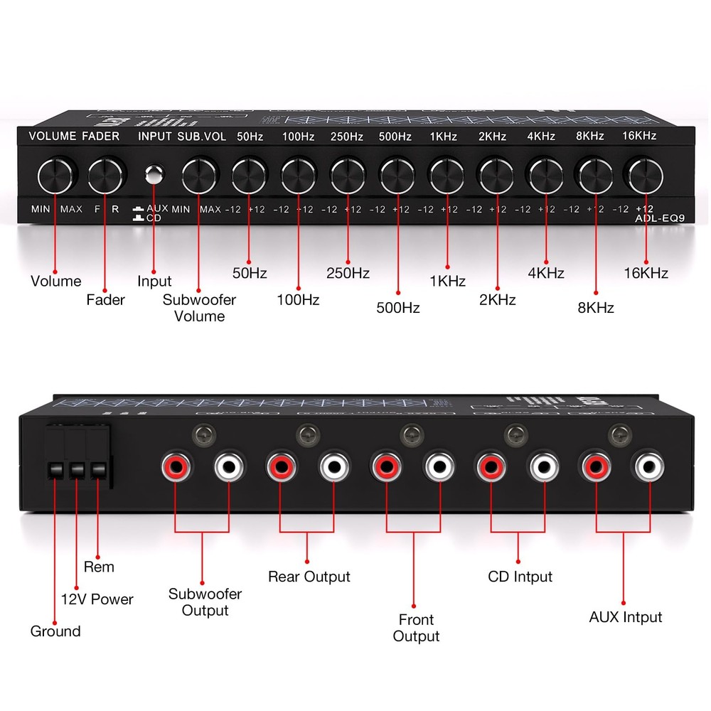Facmogu 9-Band Car Audio Equalizer, Graphic Equalizer EQ W/Front,