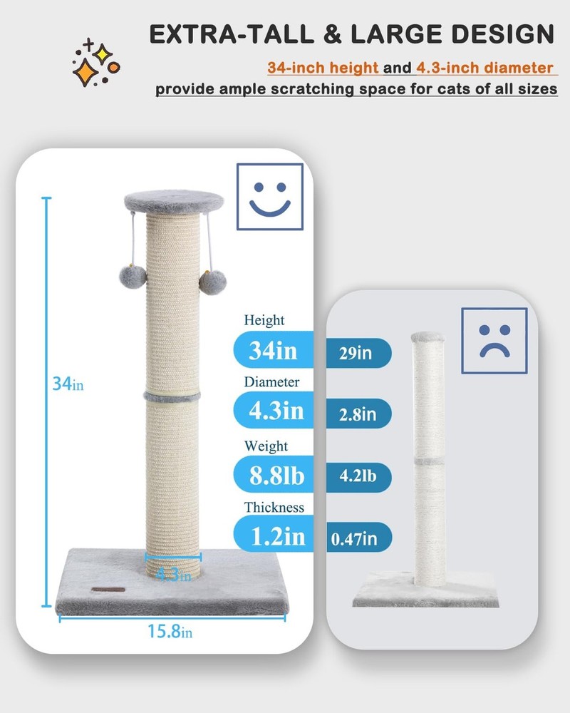 Kilodor Cat Scratching Post 34 Inches Large Sturdy Cat Post with Replaceable ...