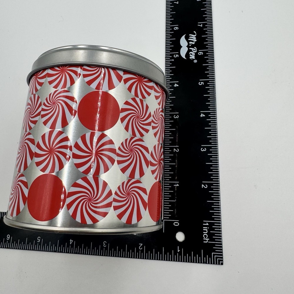 CLINIQUE Small Empty Tin Can Container w/ a Red + White Peppermint Candy Design
