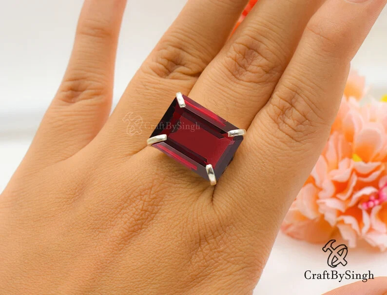 Large Garnet Ring, Rectangle Octagon Garnet, Bold Statement Ring, 925 All Size