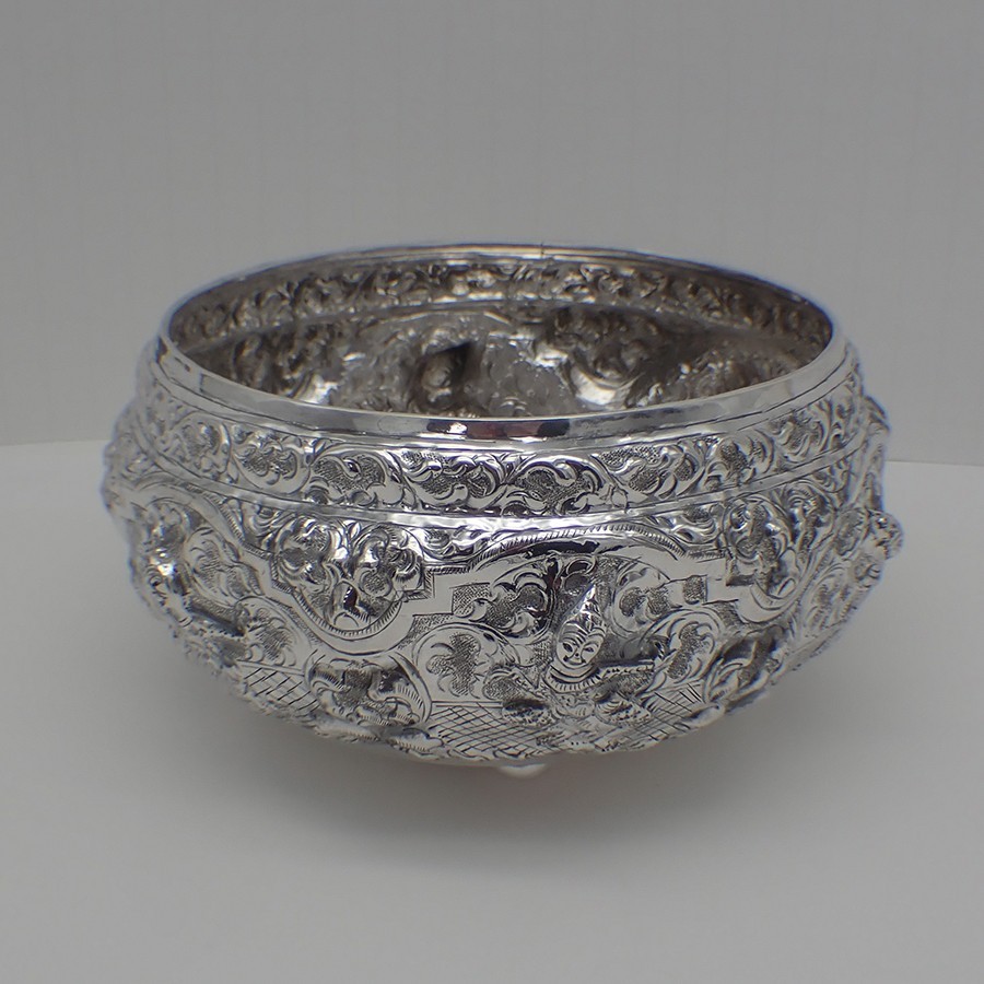 Burmese Bowl Figural Repousse Design Sterling Silver