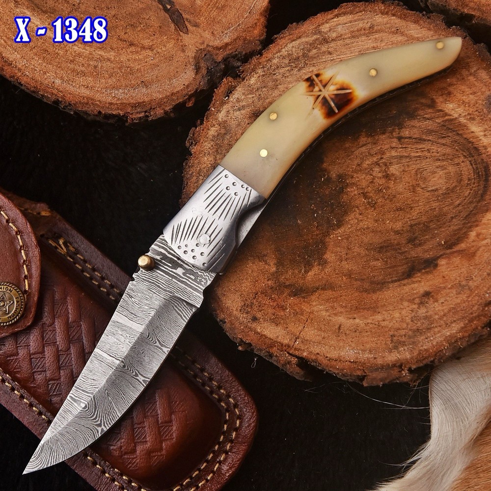 Custom Made Folding Blade Pocket Knife Camel Bone Handle
