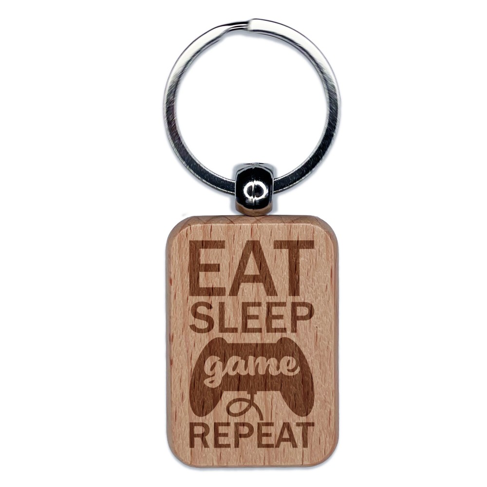 Eat Sleep Game Repeat Console Controller Engraved Wood Rectangle Keychain