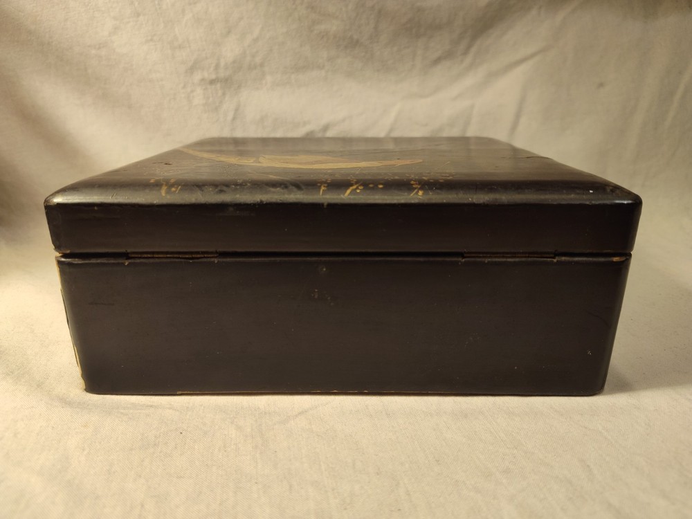 Antique Boho Shabby Chic Black Lacquer Japanese Box Pheasant Bird