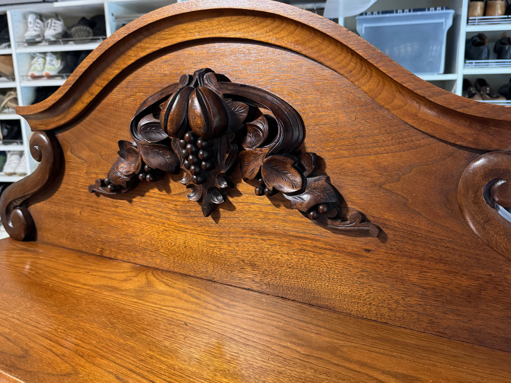 Antique Marble Top Victorian Walnut Carved Server Sideboard Buffet Cupboard