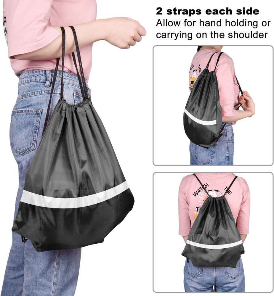 12 Pcs Drawstring Backpack Bag Bulk Reflective Backpack Black String Bags Cinch