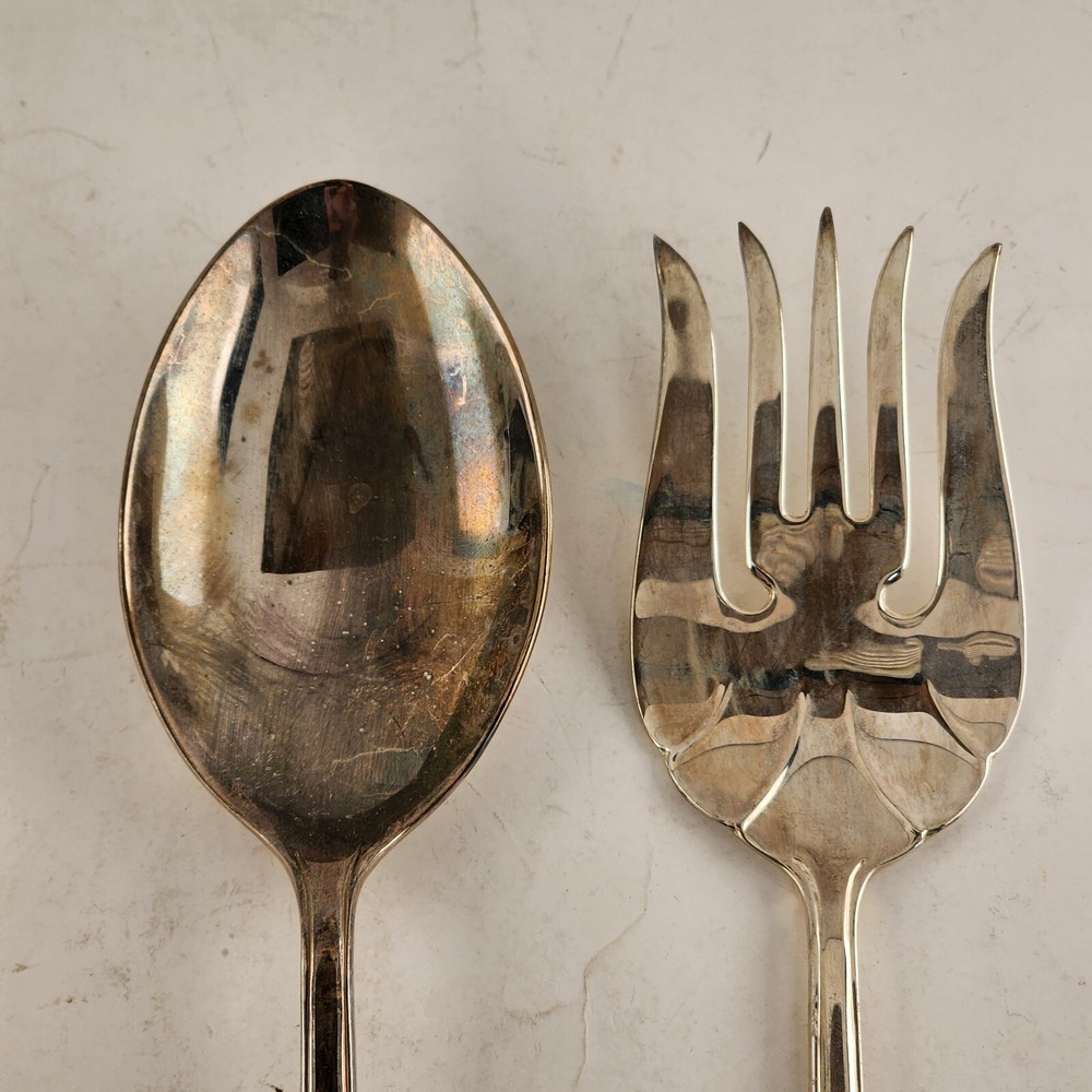 Christmas Tree Salad Serving Set Silver Plated Fork & Spoon Bow Handles Vintage