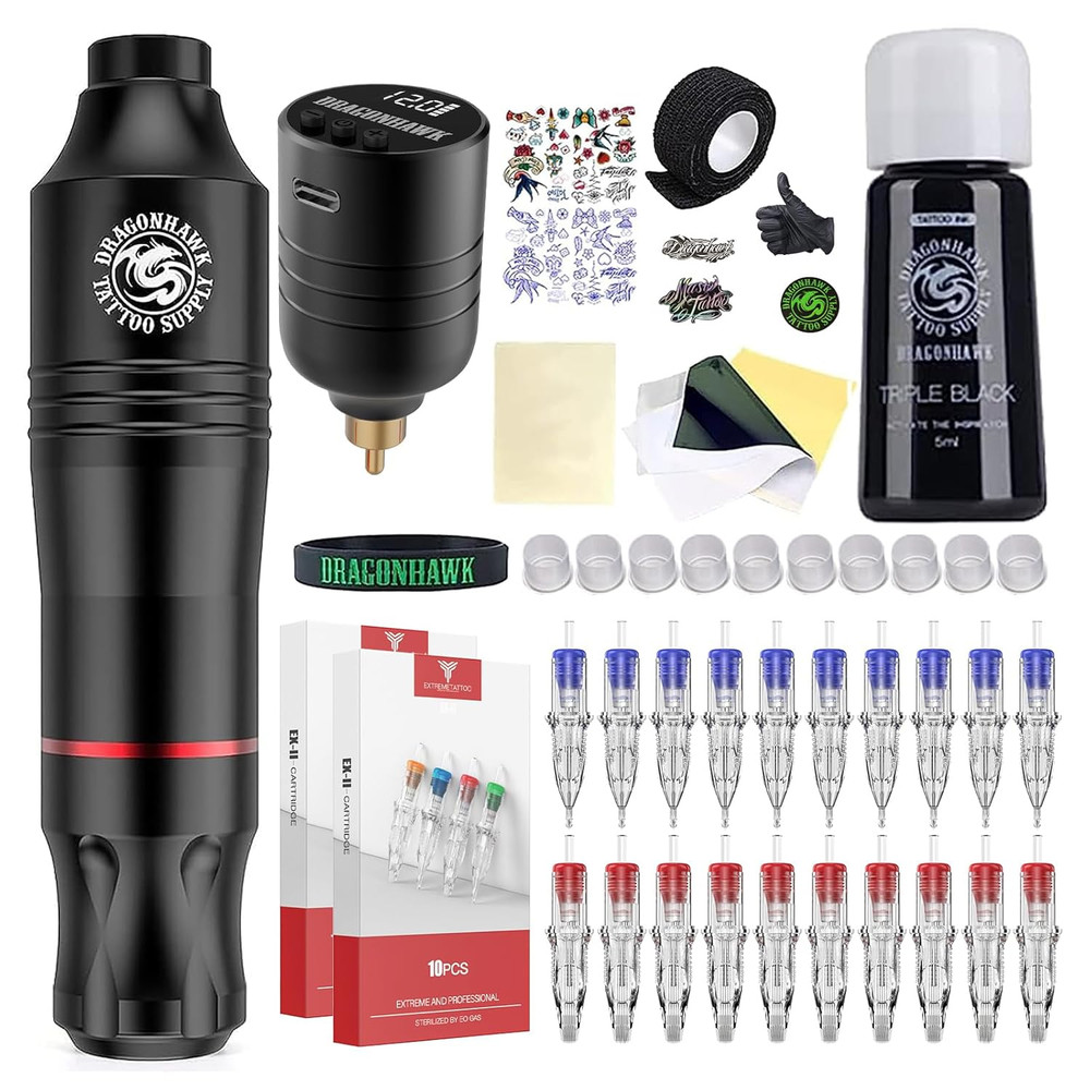 Dragonhawk Atom Wireless Tattoo Gun Pen Machine Kit - Complete Beginner Tattoo K