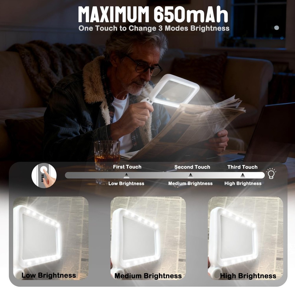 Handheld Folding Magnifying Glass for Reading Stepless Dimmable Light Recharg...