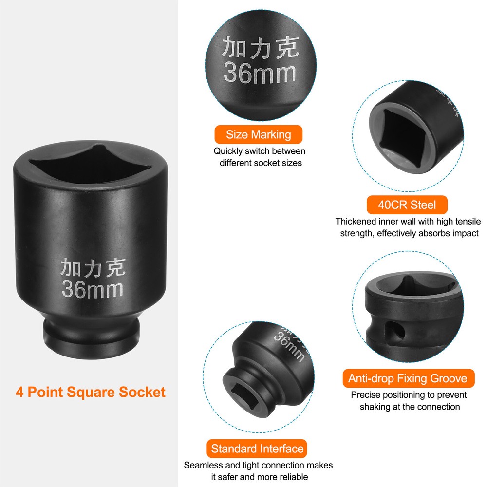 4 Point Square Socket 3/4" Drive 36mm Metric 40CR Square Impact Wheel Socket