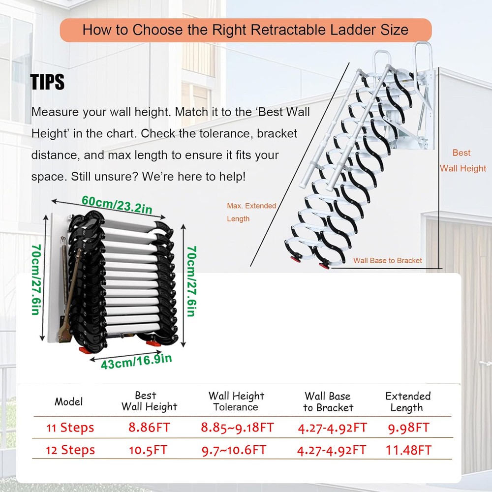 10ft Wall Mounted Folding Ladder Loft Stairs Attic Steps Pull Down + armrest