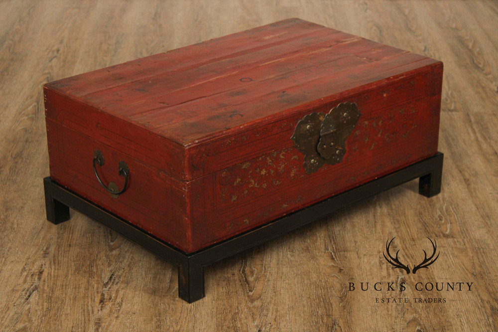 Red Lacquered Trunk With Brass Hardware On Custom Black Stand, Coffee Table