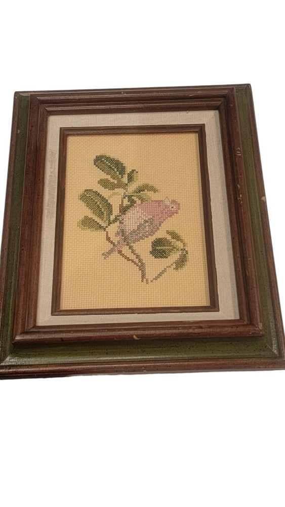 bird needlepoint Cross Stitch Framed Matted Artwork Vntg