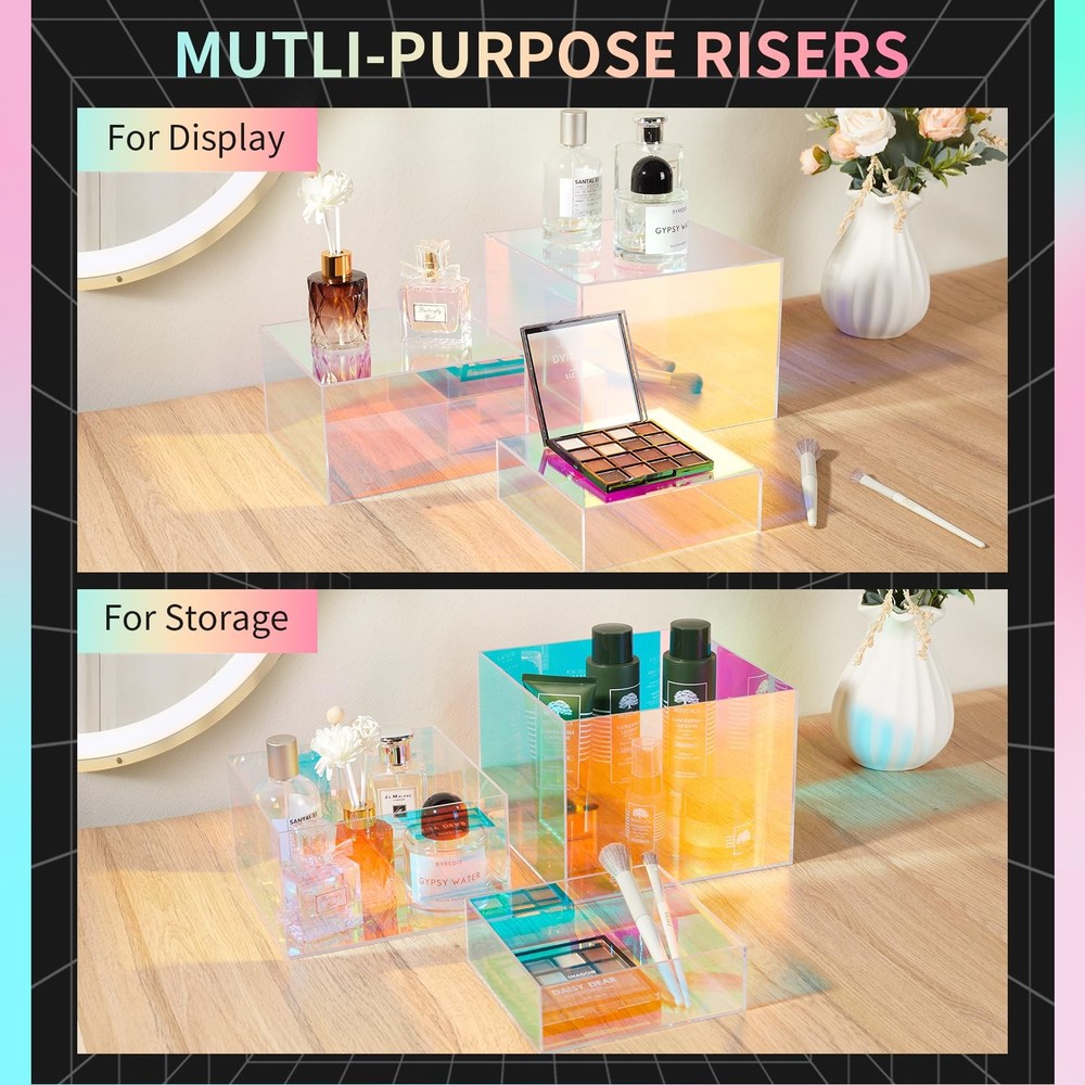 3Pcs Iridescent Risers Display Stands, Stackable Acrylic Cubes Display Box, N...